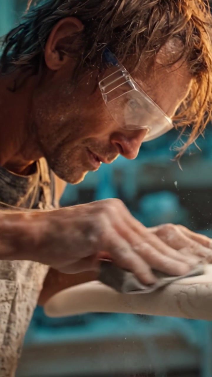 Craftsman Perfecting the Art of Shaping, Focused on Detailed Sanding and Finishing Touches on a Sculpted Object in a Creative Workshop Environment