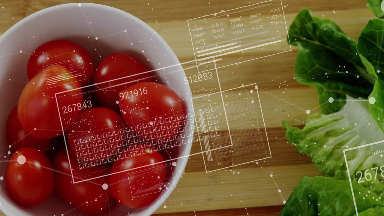 Cherry tomatoes in bowl with digital data processing animation over wooden surface