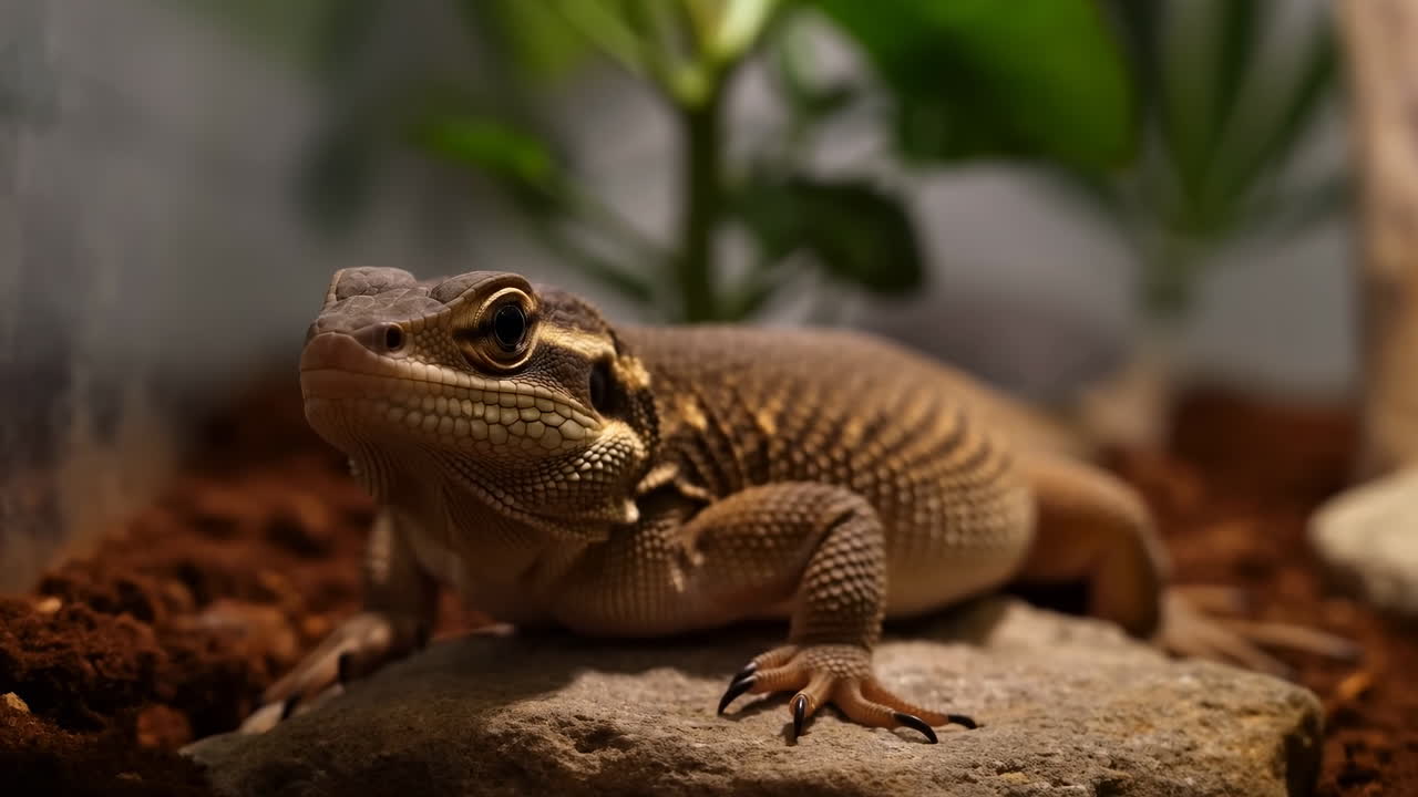 Nærbillede af øgle i terrarium, brune skæl og tekstureret hud oplyst af varmt, omgivende lys, siddende på en sten