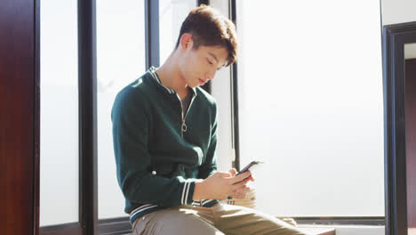 asian boy using smartphone sitting near the window at home