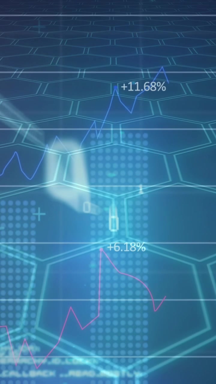 Animation of red lines and financial data processing over hexagons