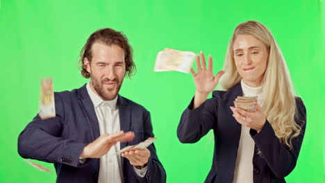 money, rain and green screen with people