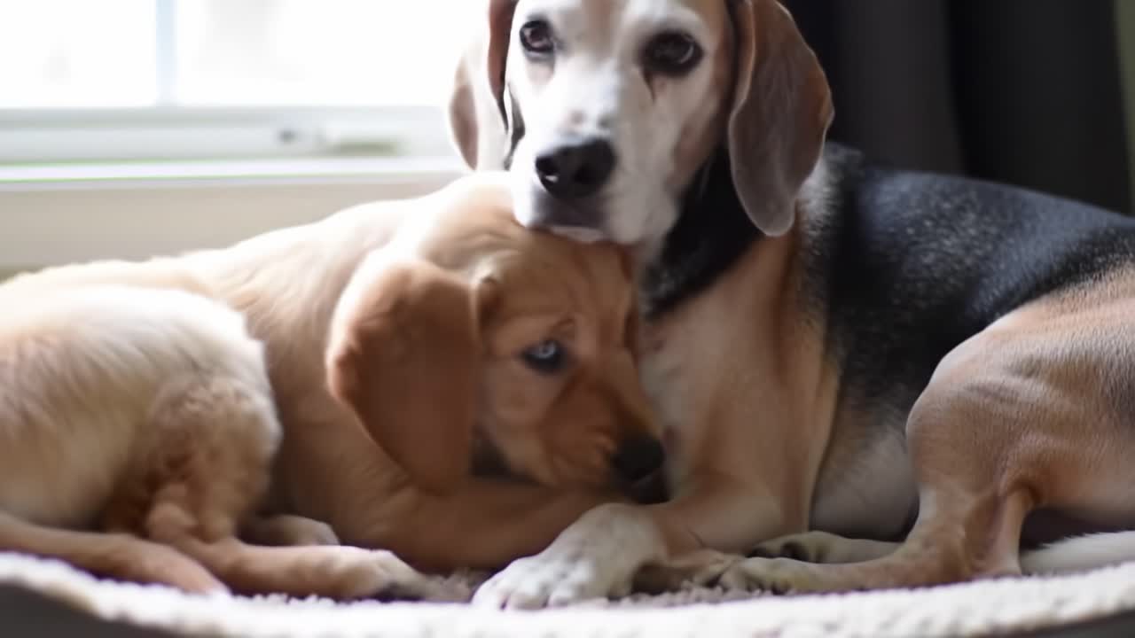 A Heartwarming Moment Captured: A Beagle and a Golden Puppy Share a Cozy Bond, Embracing Each Other in a Comfortable Home Setting