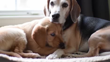 a heartwarming moment captured: a beagle and a golden puppy share a cozy bond, embracing each other in a comfortable home setting