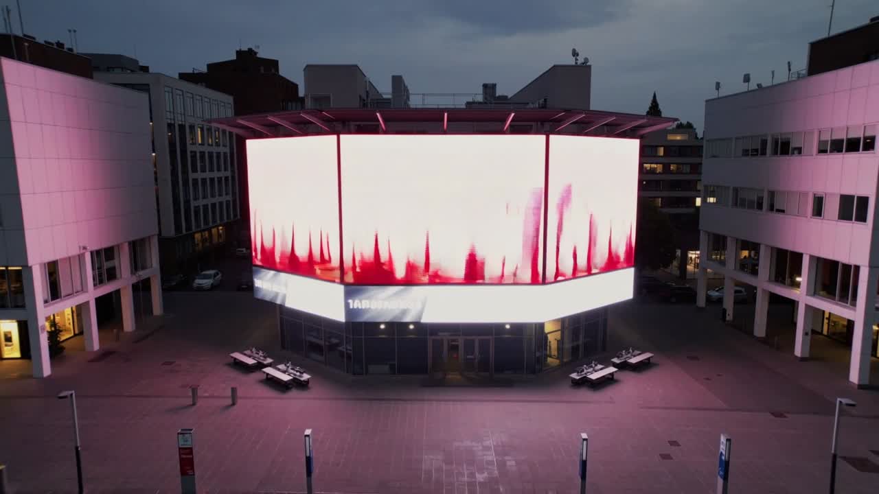 Rivestimento LED animato su edificio ottagonale basso in una piazza urbana, con pannelli che ciclicamente mostrano scene diverse in un loop temporizzato