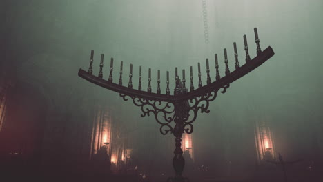 a dramatic and mysterious view of an ornate candelabra in a church