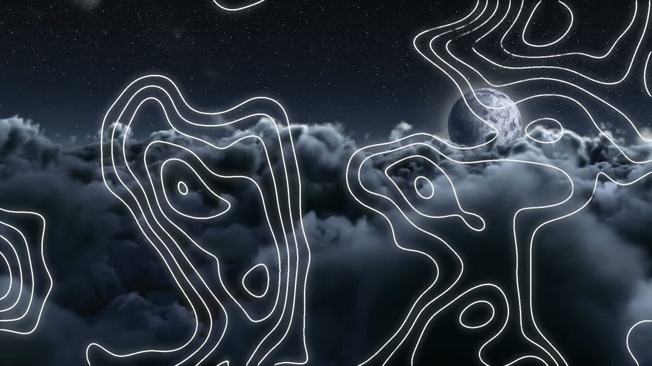 하늘 위에 있는  ⁇ 색 지도 선의 네트워크의 애니메이션