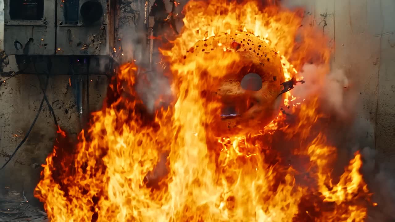 A small, smiling, orange face is surrounded by a cloud of fire. The scene is chaotic and intense, with the fire and the face creating a sense of danger and excitement