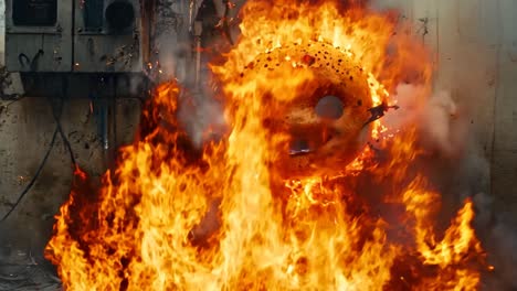 A small, smiling, orange face is surrounded by a cloud of fire. The scene is chaotic and intense, with the fire and the face creating a sense of danger and excitement