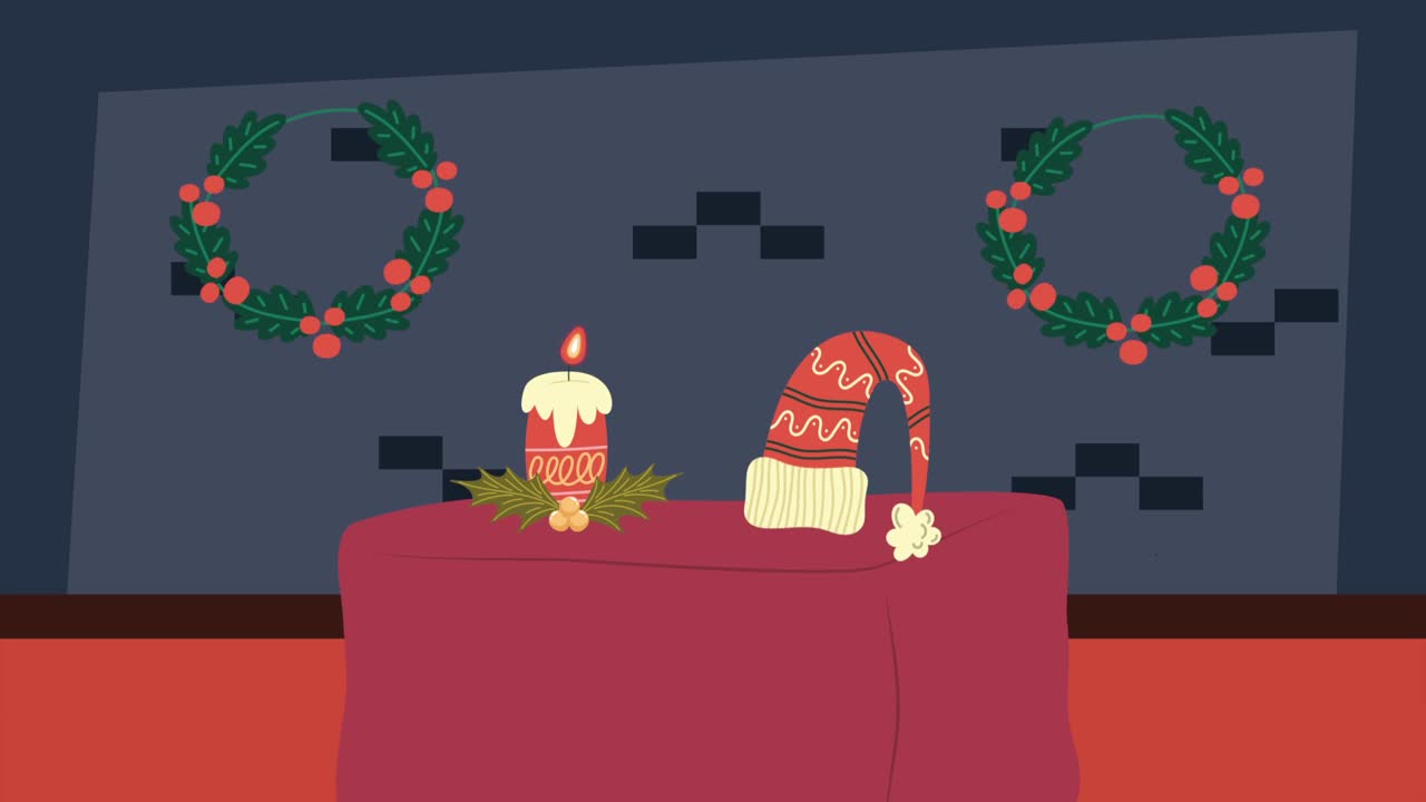 불 과 산타 모자 를 가진 크리스마스 장면