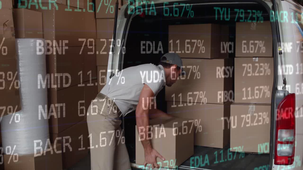 자동차에 상자를 포장하는 사람 위의 데이터 처리 애니메이션