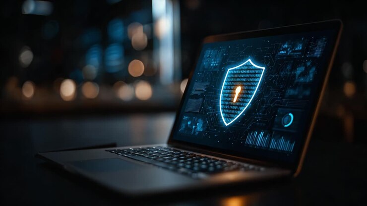 A Modern Laptop Displaying a Futuristic Digital Shield Icon on Screen, Representing Cybersecurity and Data Protection in a High-Tech Environment