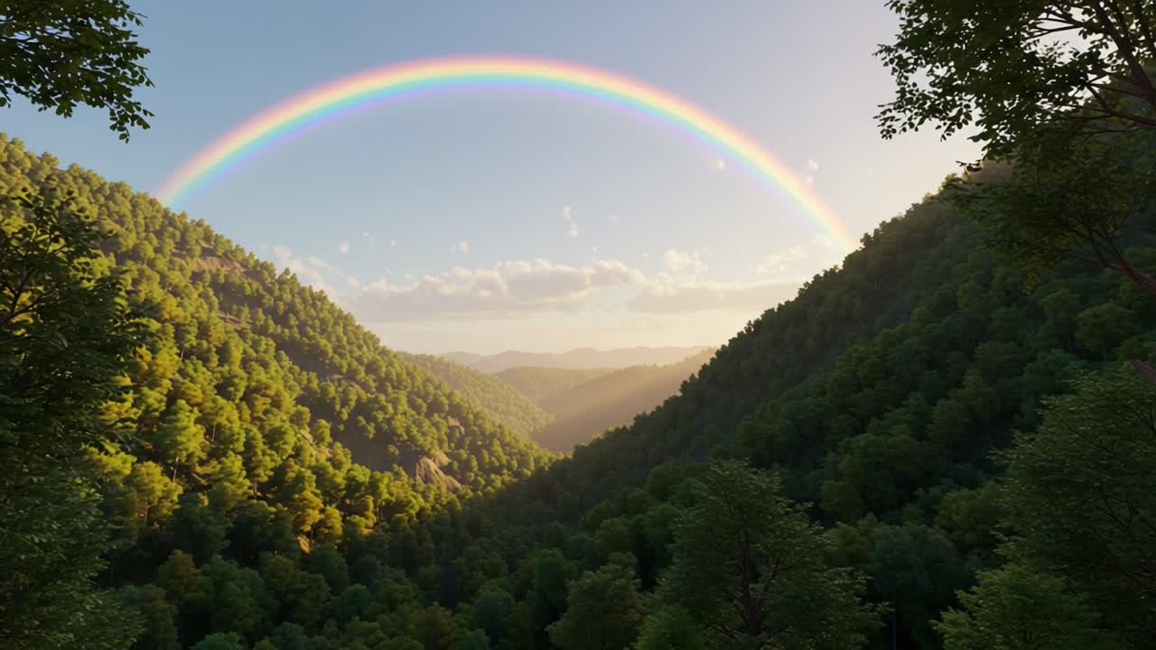 A breathtaking view of a vibrant rainbow arching over lush green mountains, captured in the serene twilight of a picturesque valley, embodying the beauty of nature's palette