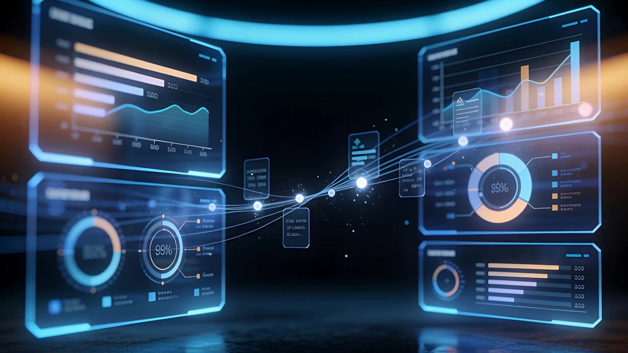 Sparking holographic panels moving nodes along central strand at 3D stage, updating dashboards