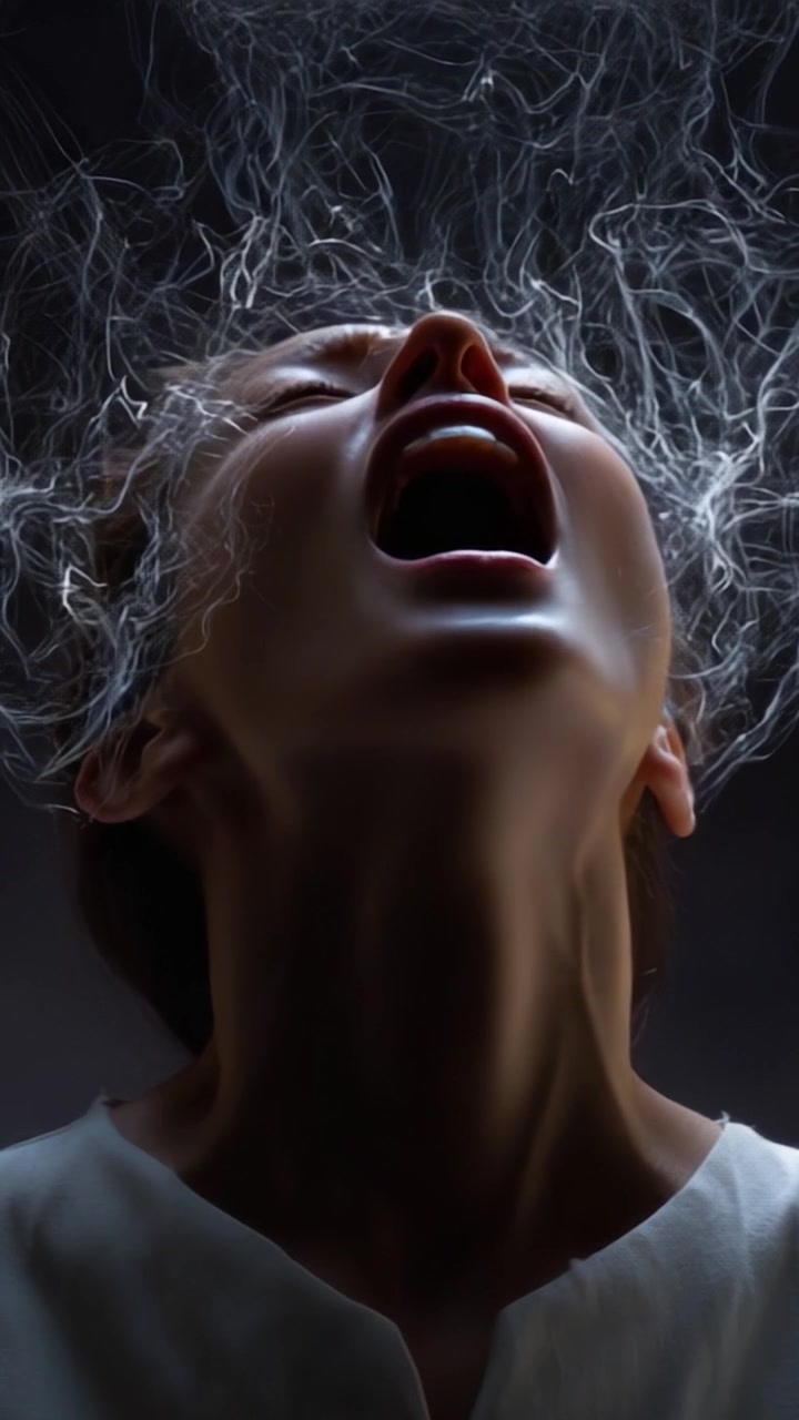 Una potente rappresentazione di angoscia e liberazione mentre una persona urla, emettendo un'aura surreale di fumo che simboleggia emozione intensa e tumulto interiore.