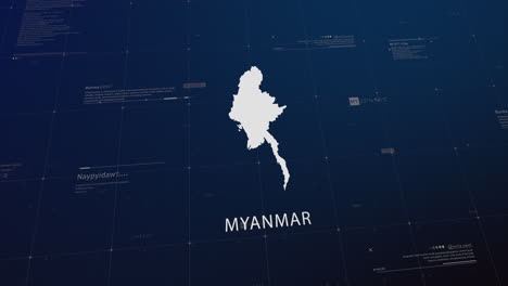 myanmar country map comes to life with cinematic panning, unveiling key details, the capital, and slogan, providing an engaging background for corporate and commercial use
