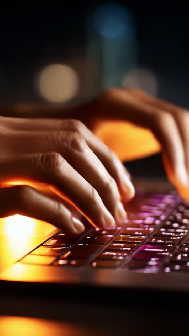 Gefocuste handen die op een toetsenbord met achtergrondverlichting typen en de essentie van nachtelijke productiviteit en digitale betrokkenheid in een moderne setting vastleggen