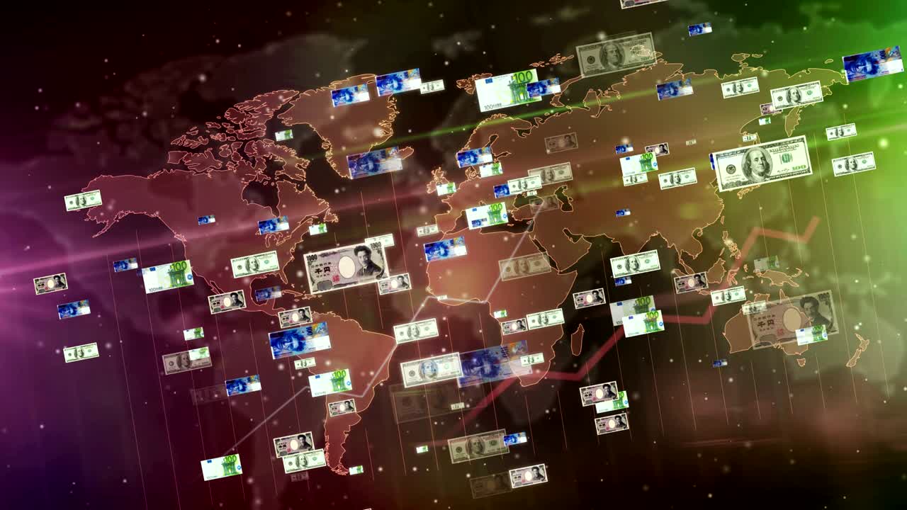 세계 지도의 루프와 완벽한 배경에 있는 지폐