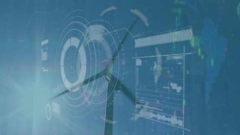Animation-Von-Radar,-Ladebalken,-Diagramm-Und-Menschlicher-Darstellung-über-Der-Windmühle-Aus-Der-Tiefwinkelansicht