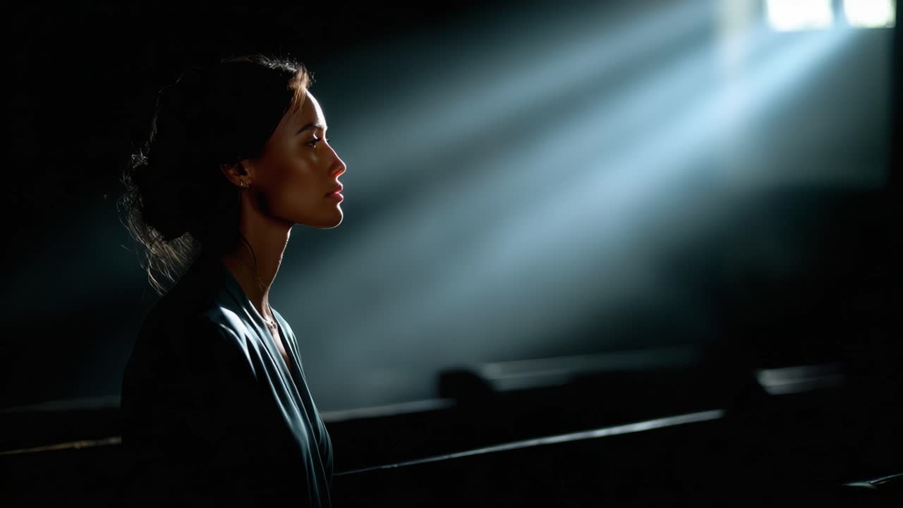 A Moment of Contemplation: A Side Profile of a Woman in a Dimly Lit Space with Rays of Light Illuminating Her Features, Evoking Reflection and Serenity