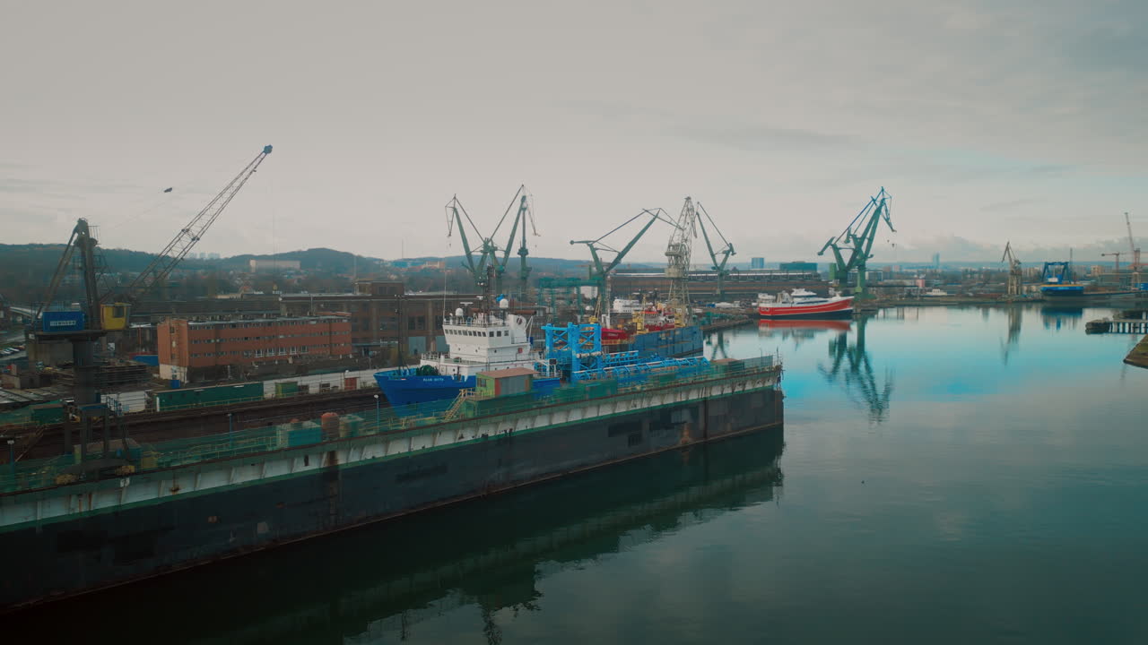 Shipyard with Cranes and Ships