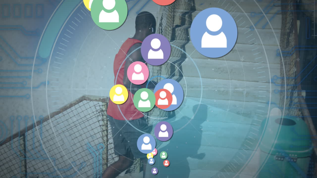 animación de iconos de las redes sociales sobre un atleta afroamericano corriendo por los escalones