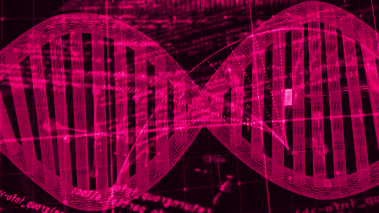 animación de la cadena de adn y procesamiento de datos en fondo negro