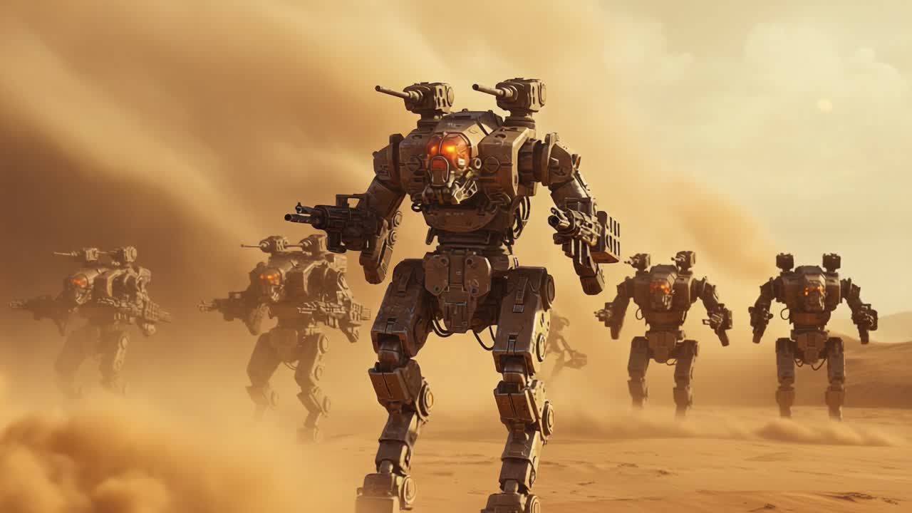 A Squad of Advanced Combat Robots Navigating a Dusty Battlefield, Showcasing Futuristic Technology and Military Precision in a Harsh Environment