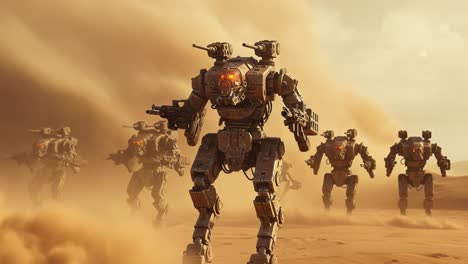 a squad of advanced combat robots navigating a dusty battlefield, showcasing futuristic technology and military precision in a harsh environment