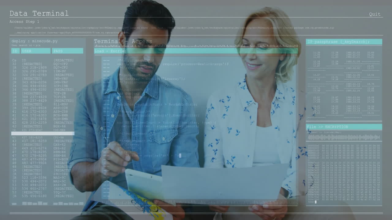 Discussing documents, two people with animation data terminal interface in school