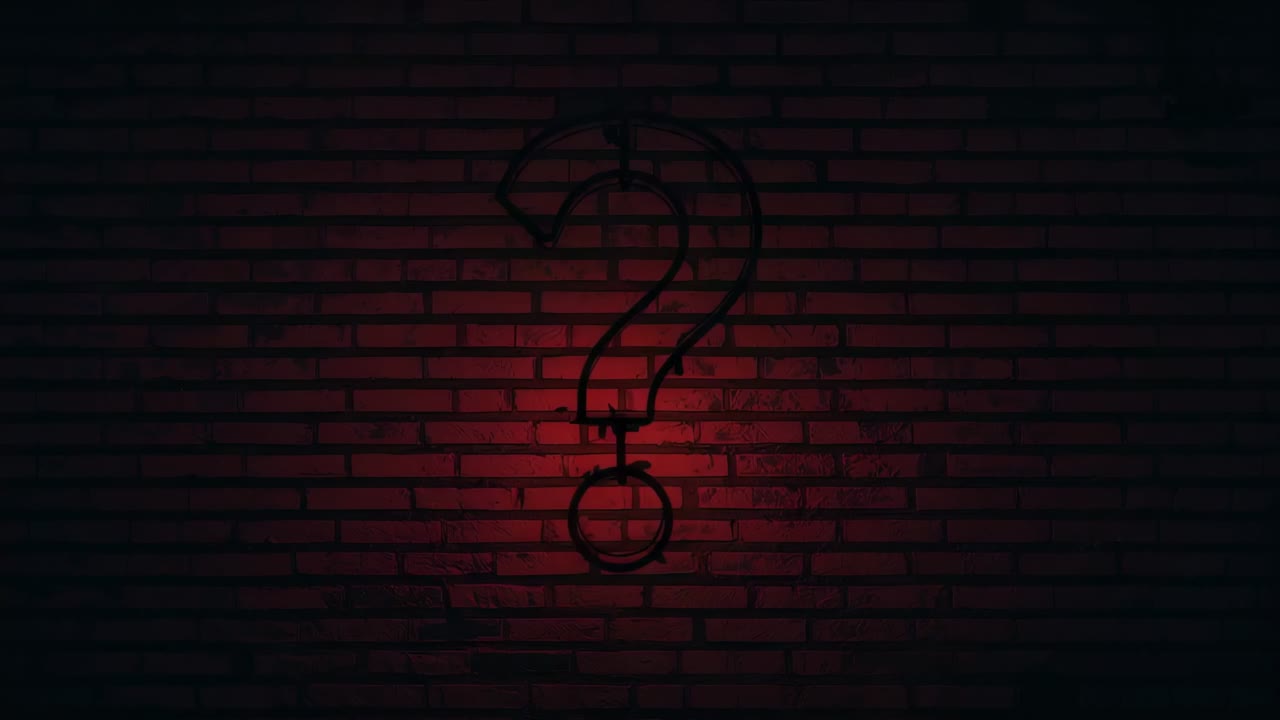 Neon question mark sign powering up in alley red-lit brick wall, pulsing color shift