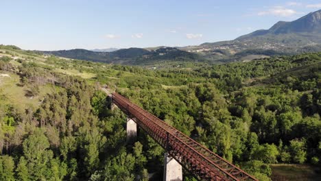 drone semicírculo disparó sobre un viejo puente de hierro en el bosque vista a la montaña 4k 30fps