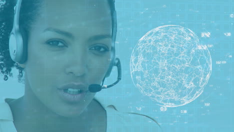 animation of globe of network of connections over african american woman talking on phone headset