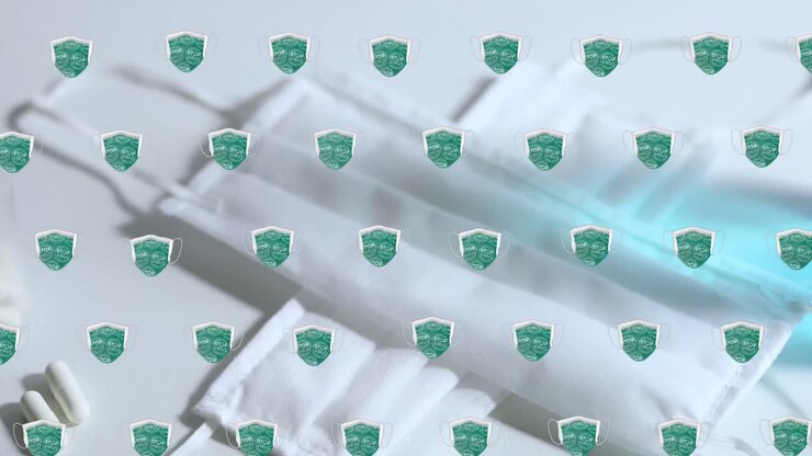 Animation of shields moving over face masks in background