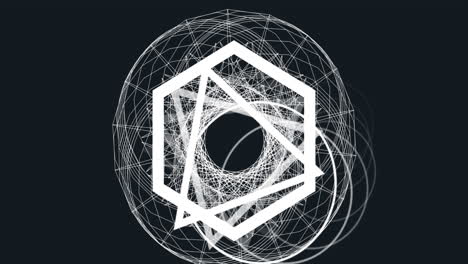 animation of multiple white geometric figures spinning on seamless loop over on black background