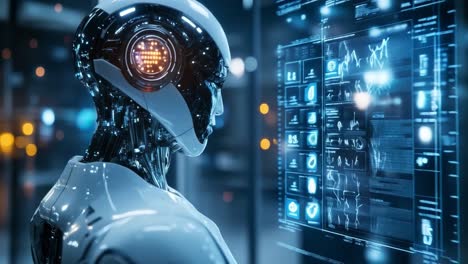 futuristic ai robot analyzing data on screen