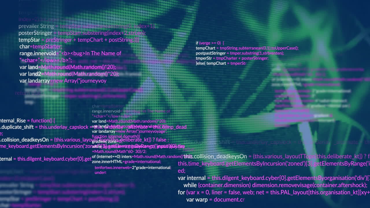 Animation of data processing over dna strands on black background