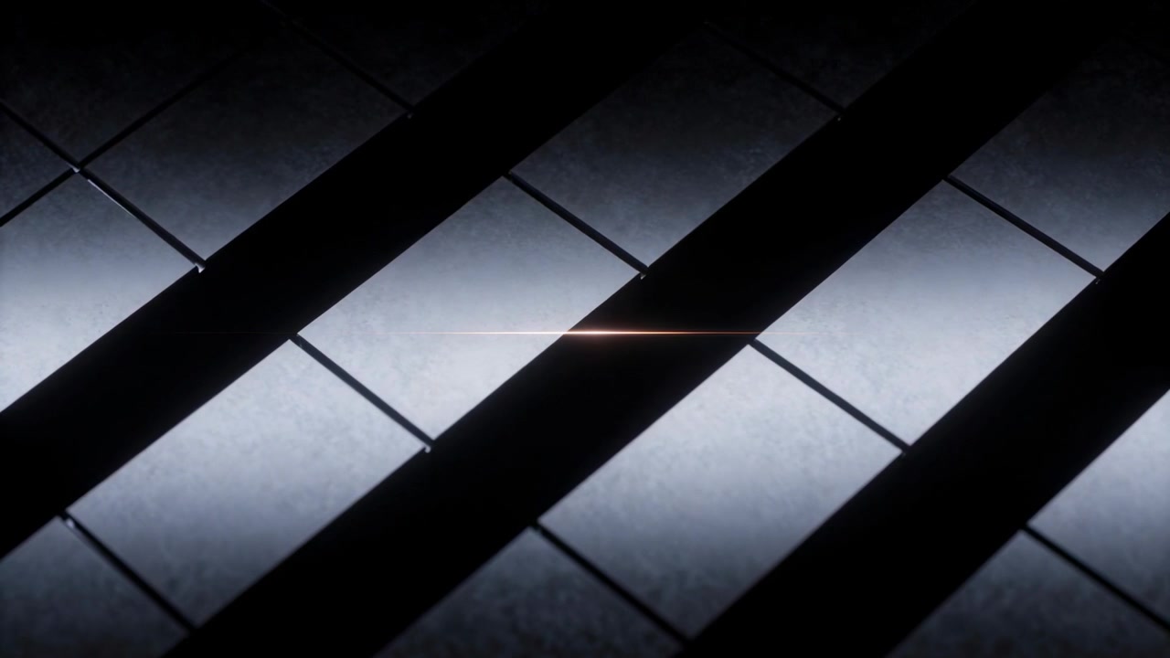 Appearing thin horizontal light streak pulsing across three diagonal bands on tile grid, vignette