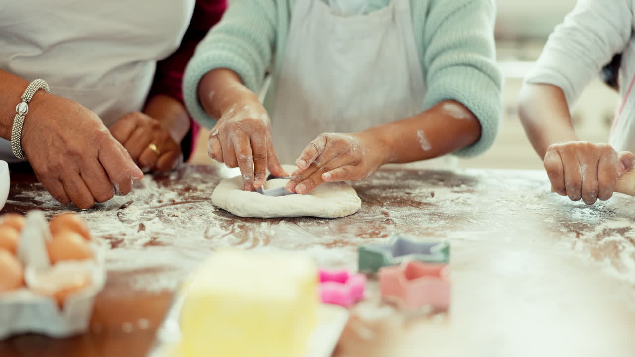 Dough, kitchen and closeup of a family baking