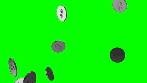 silver coins falling over green background.