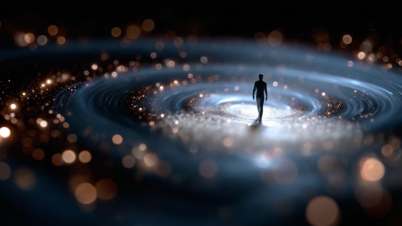 A solitary figure traverses a swirling galaxy, surrounded by shimmering stars and cosmic dust, embodying the vastness and mystery of the universe's beauty