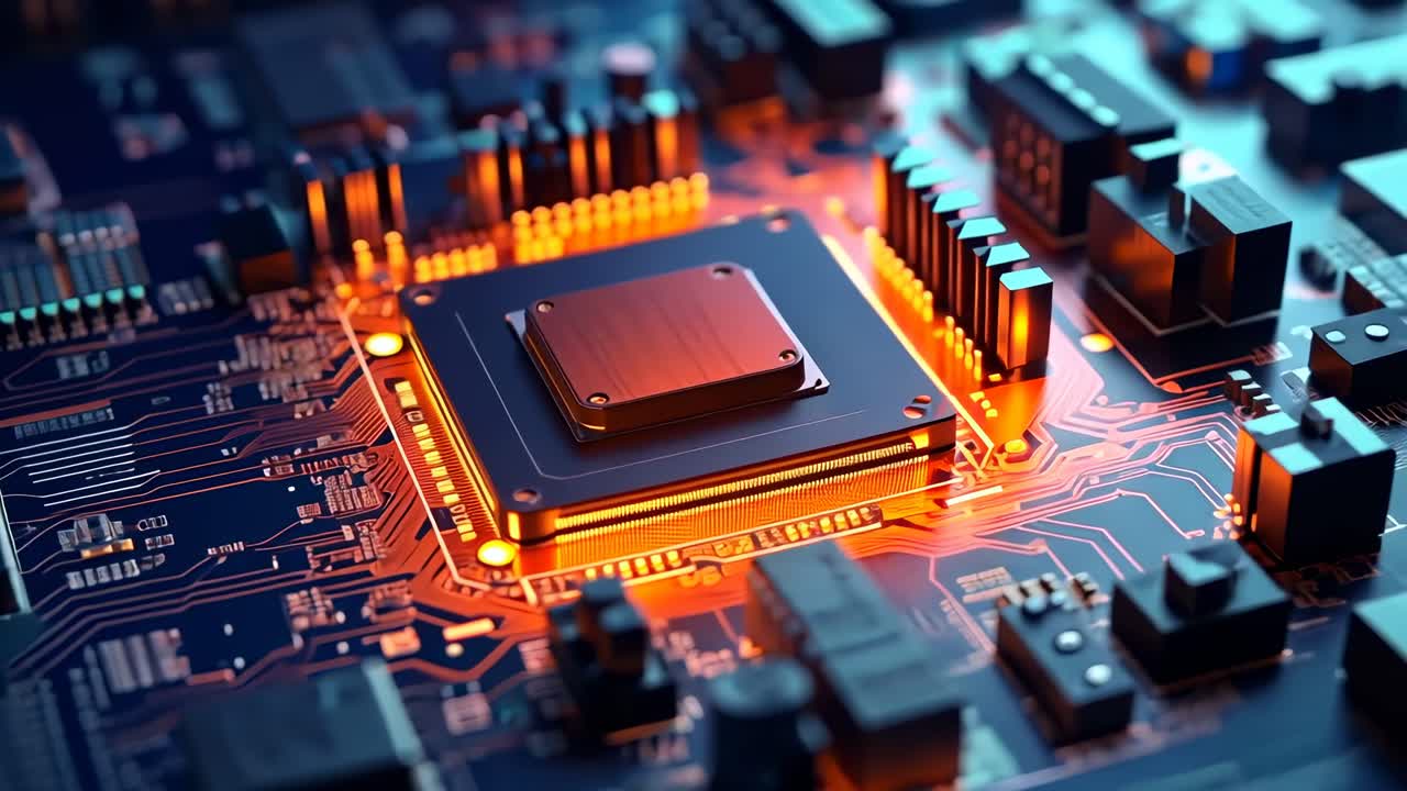 Close-up, angled shot of a glowing microchip on a circuit board, highlighting technology