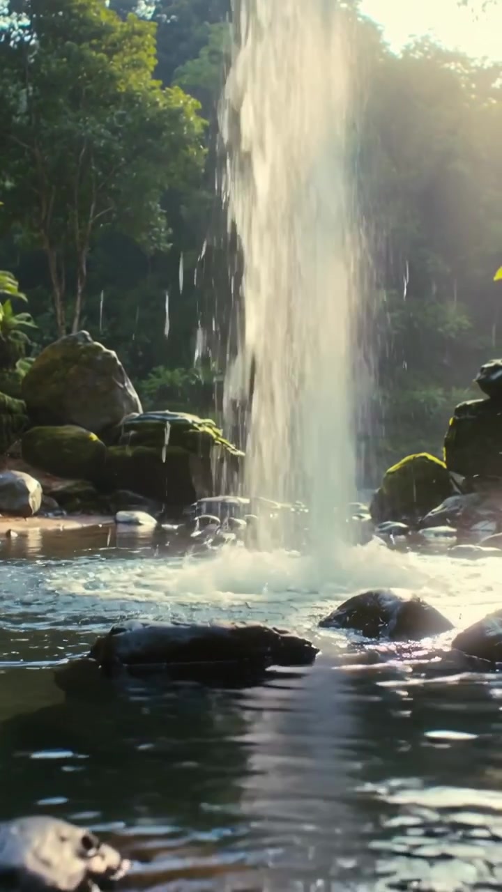 Video vertikal: Kolom air terjun vertikal yang mengalir mengisi kolam berbatu di hutan, menciptakan kabut