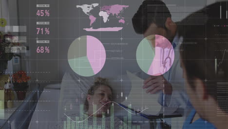 animation of data processing and diagrams over caucasian doctors with patient in hospital bed