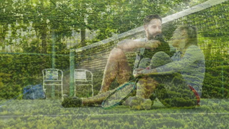 sitting on tennis court, couple with rackets surrounded by lush greenery animation