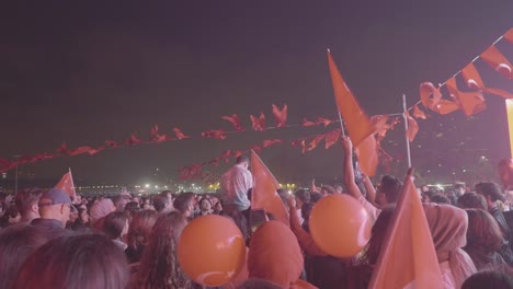 crowd of people waving turkish flags at a night rally