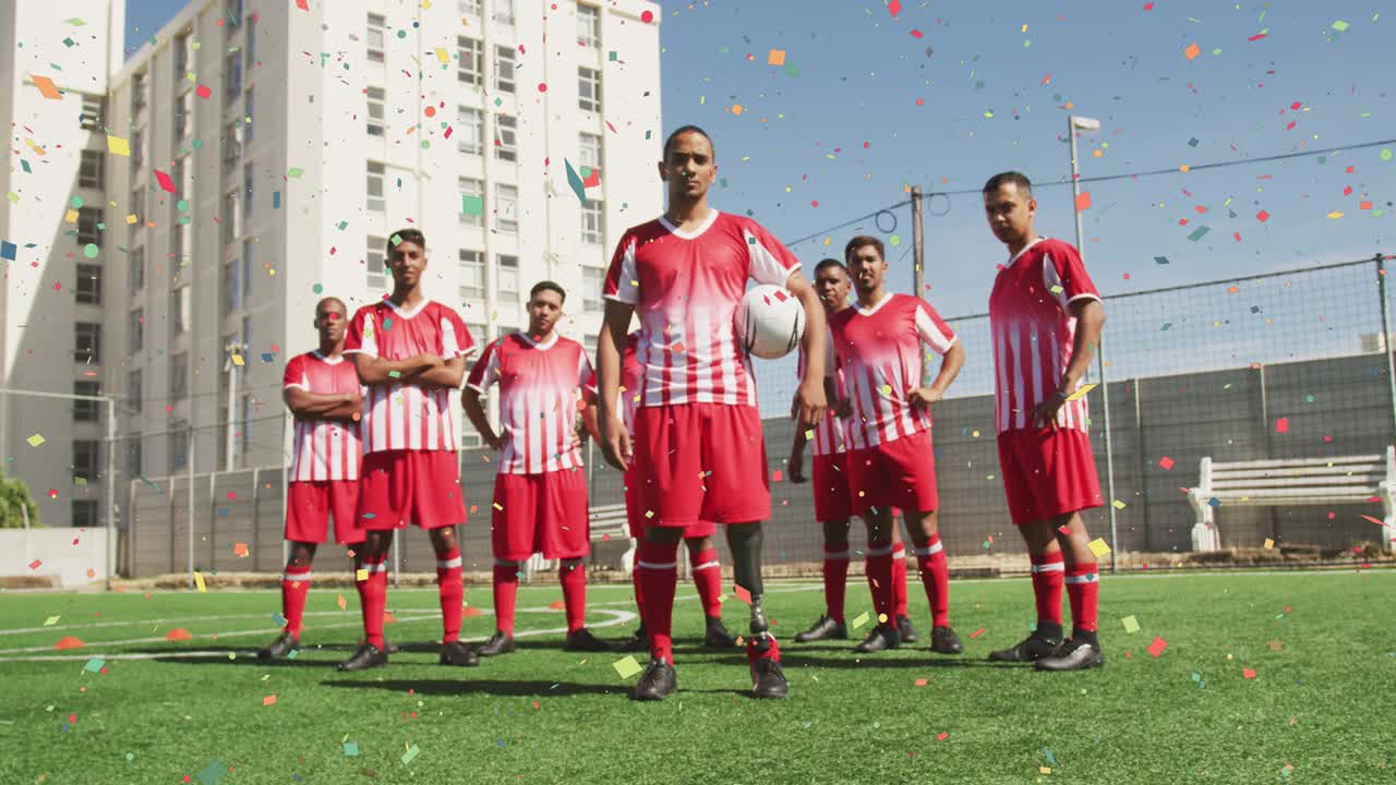 남자 축구팀 위에 떨어지는 콘페티의 애니메이션