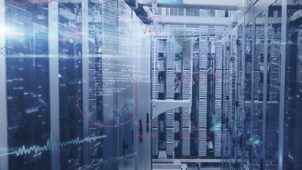 Animation of mathematical equations and data processing against computer server room