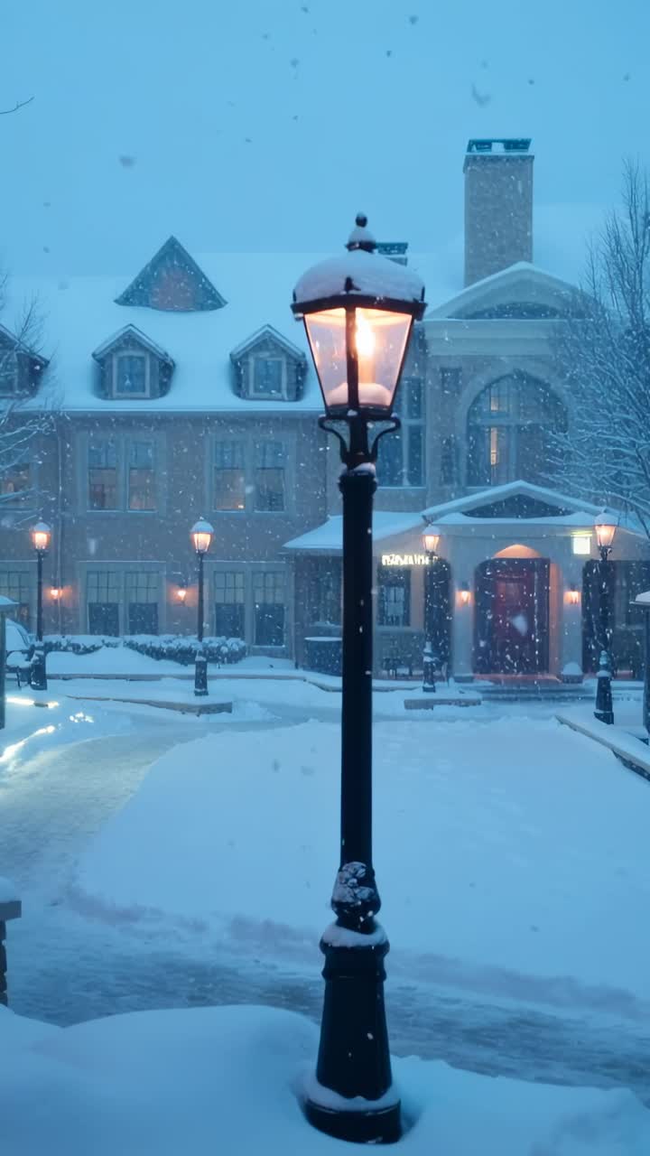 Vertical video: Emitting warm light from central lamppost in snow-covered courtyard, with walkway