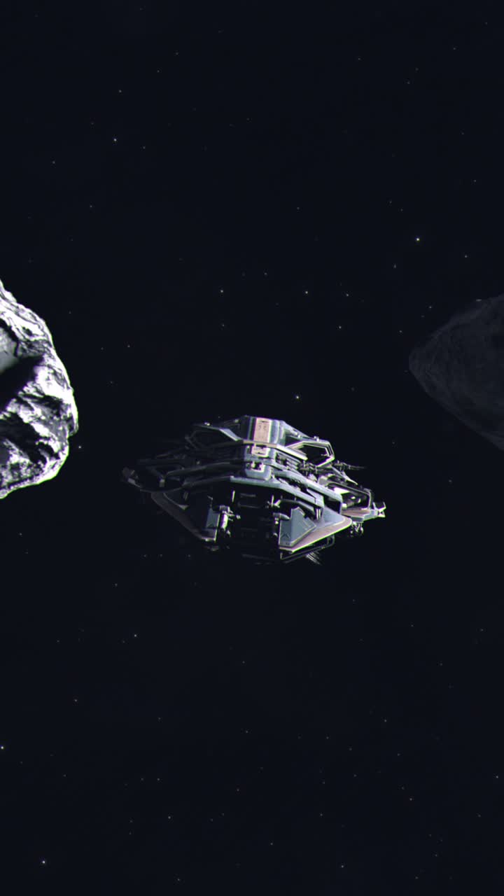 Vertical Shot of a Futuristic Spaceship Flying Through an Asteroid Field